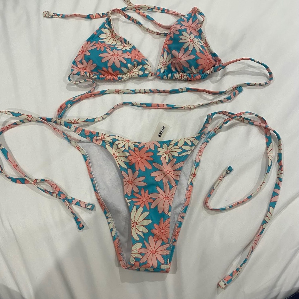 floral triangle tie side bikini swimsuit